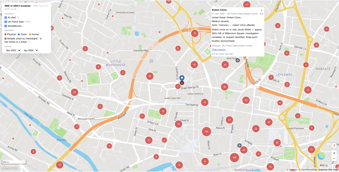 Map of police-recorded crime around Millennium Square, Leeds, with a single violent crime record open showing its outcome and source link