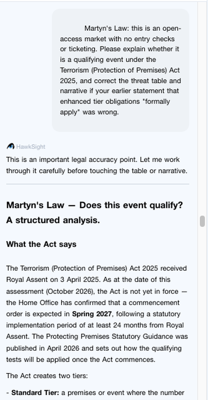 Analyst questioning the Martyn's Law finding in the HawkSight AI reviewer