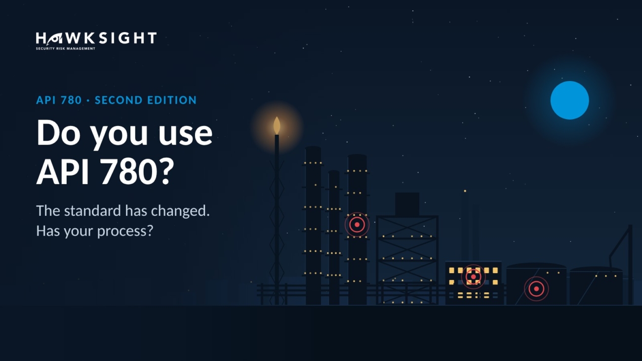 Do you use API 780? Refinery at night with assets flagged for security risk, HawkSight