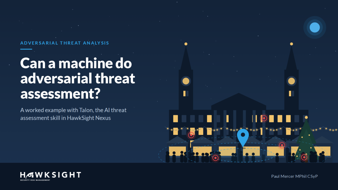 Illustration of Millennium Square, Leeds at night with a Christmas market, threat markers and radius rings, headed: Can a machine do adversarial threat assessment?