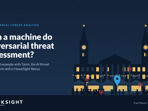 Illustration of Millennium Square, Leeds at night with a Christmas market, threat markers and radius rings, headed: Can a machine do adversarial threat assessment?
